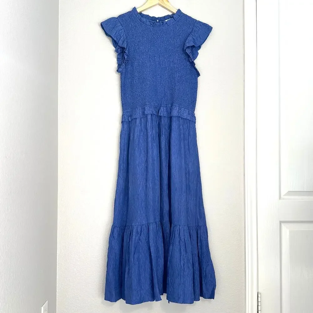 Sea New York‎ Blue Siya Dress, Silk, Smocked Midi Tiered, Spring, Resort, XL - Picture 3 of 13